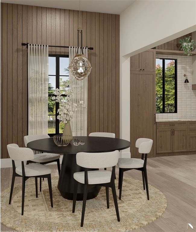 Dining room, Interior, Pendant Lights, Wood Texture Flooring