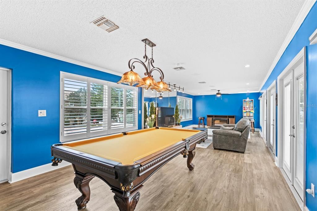 Billiard Table, Chandelier, Game Room, Interior, Recessed Lighting, Wood Texture Flooring
