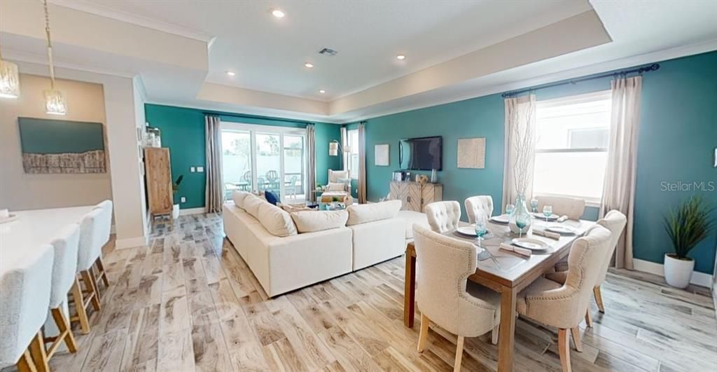 Dining room, Interior, Living room, Pendant Lights, Recessed Lighting, Wood Texture Flooring