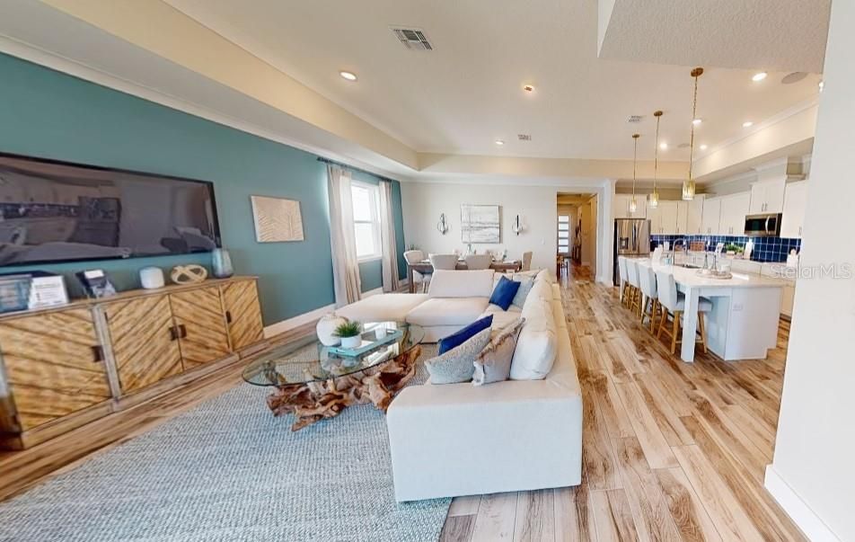 Dining room, Interior, Kitchen, Living room, Pendant Lights, Recessed Lighting, Wood Texture Flooring