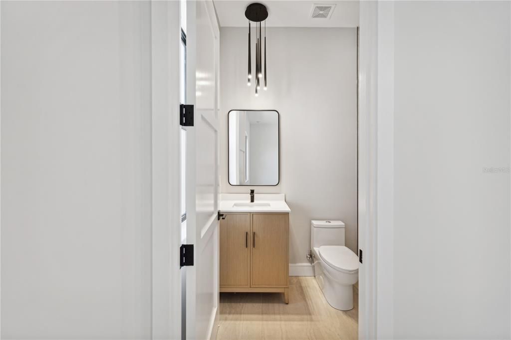 Bathroom, Interior, Pendant Lights, Wood Texture Flooring