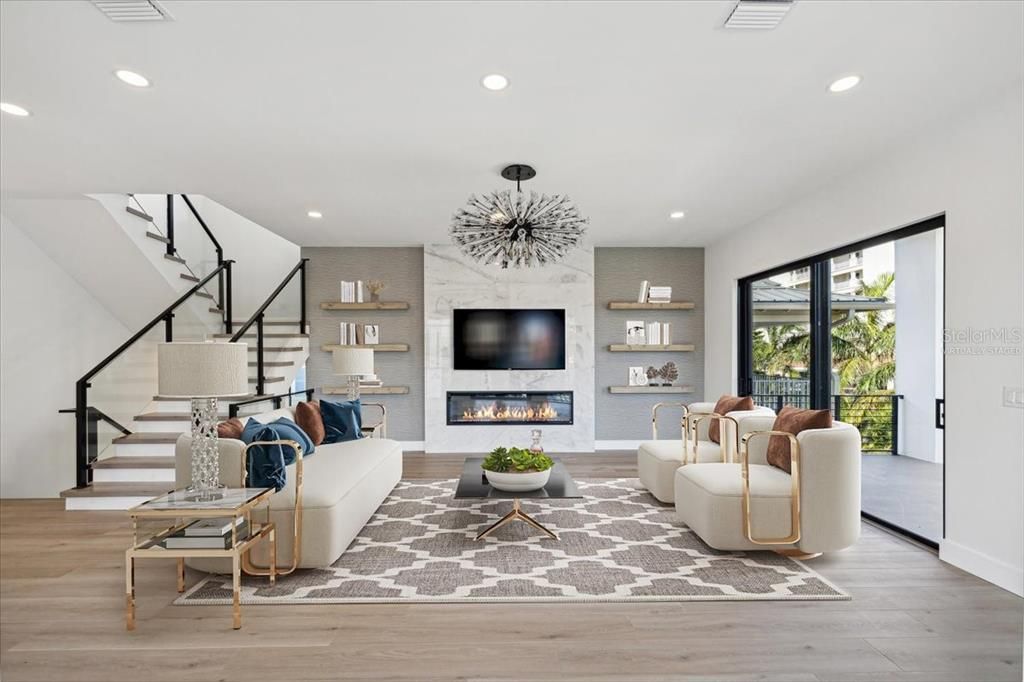 Fireplace, Interior, Living room, Recessed Lighting, Wood Texture Flooring
