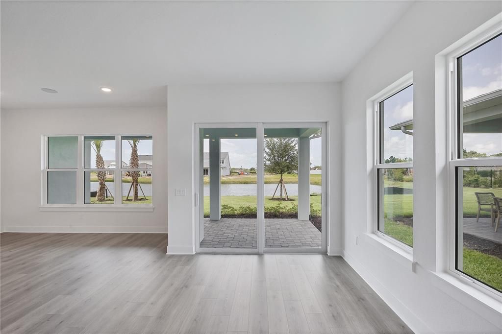 Empty room, Interior, Recessed Lighting, Water, Wood Texture Flooring