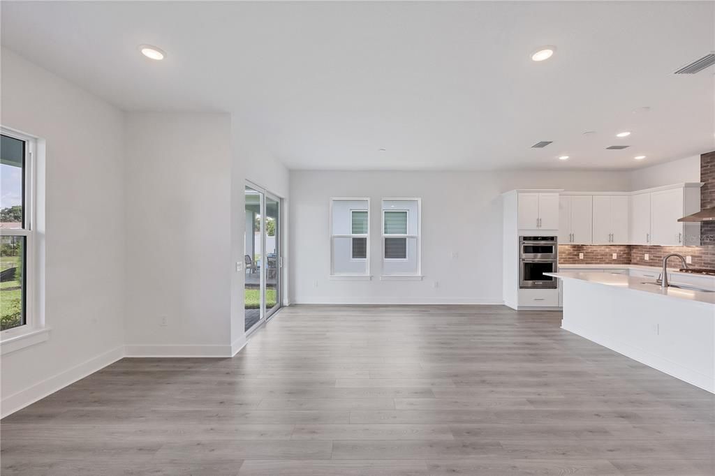 Empty room, Interior, Kitchen, Recessed Lighting, Wood Texture Flooring