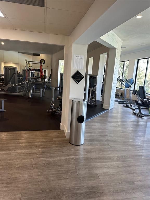Fitness Equipment, Gym, Interior, Recessed Lighting, Wood Texture Flooring