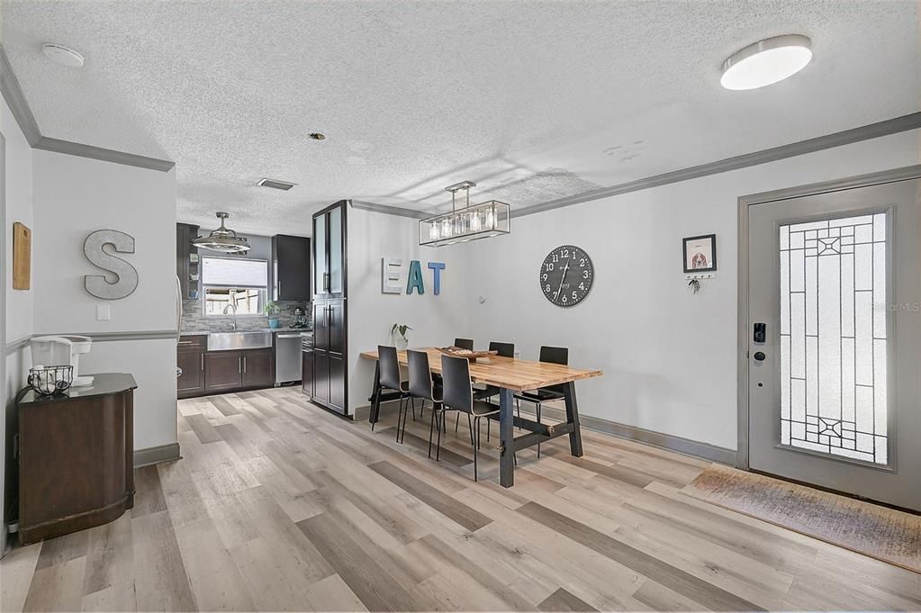 Dining room, Interior, Pendant Lights, Wood Texture Flooring