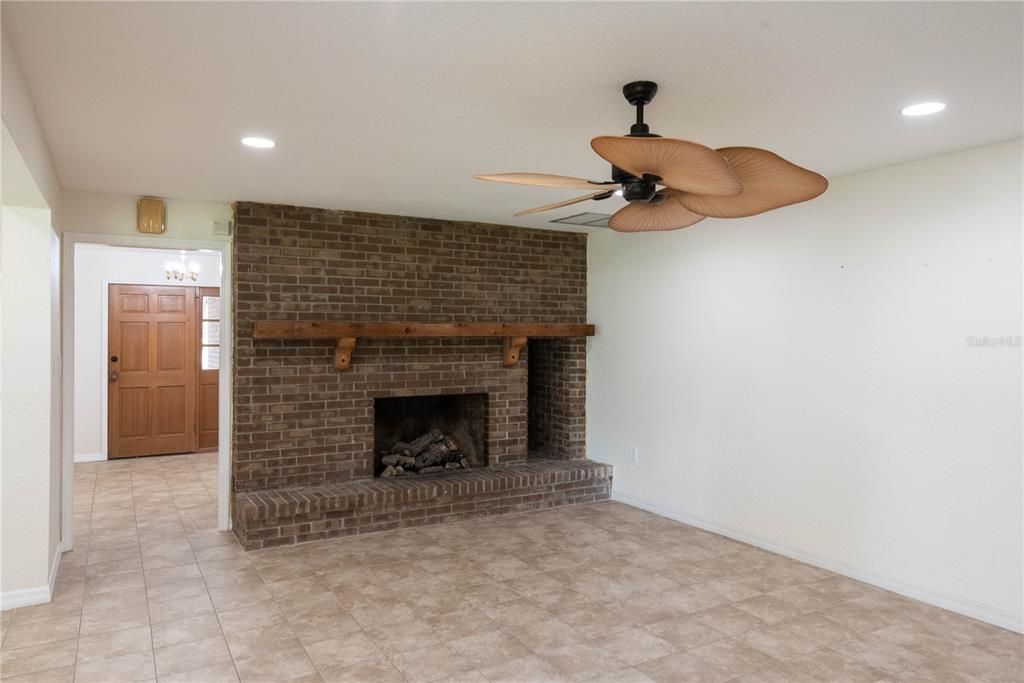 Empty room, Fireplace, Interior, Recessed Lighting, Stone Walls
