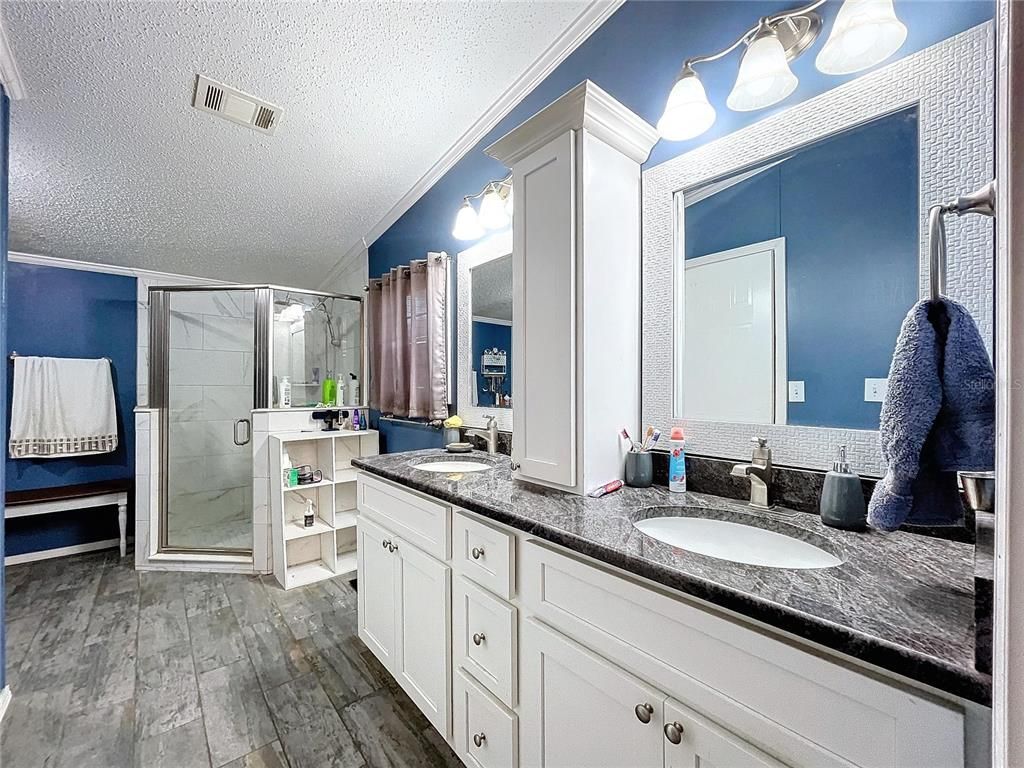 Bathroom, Dual Sink Vanities, Glass Shower, Interior, Wood Texture Flooring