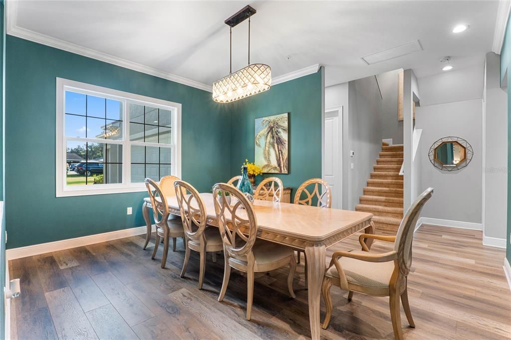 Dining room, Interior, Pendant Lights, Recessed Lighting, Wood Texture Flooring