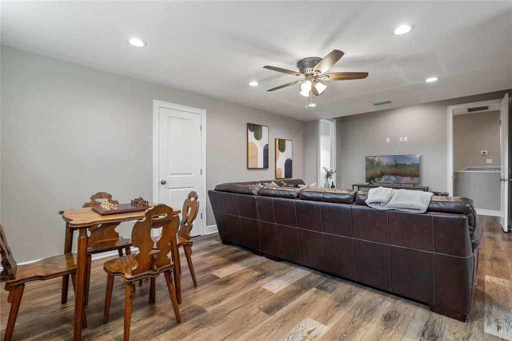 Dining room, Interior, Living room, Recessed Lighting, Wood Texture Flooring
