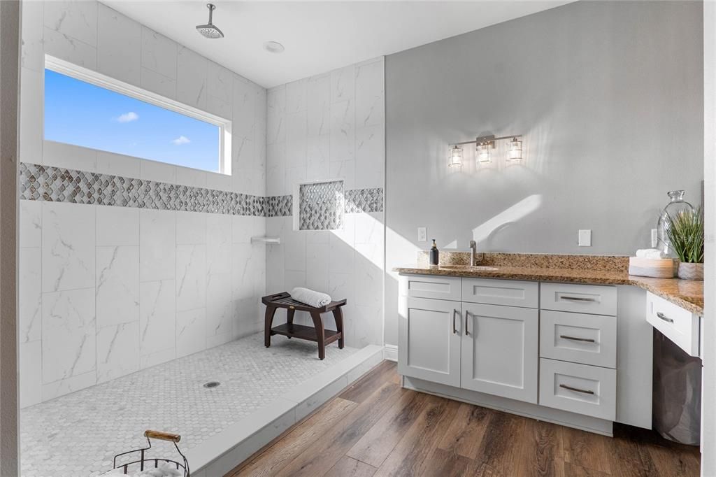 Bathroom, Interior, Marble Walls, Wood Texture Flooring