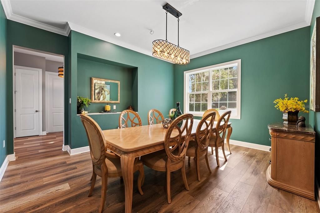 Dining room, Interior, Pendant Lights, Recessed Lighting, Wood Texture Flooring