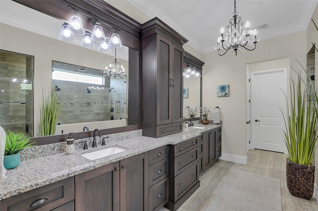 Bathroom, Chandelier, Dual Sink Vanities, Glass Shower, Interior