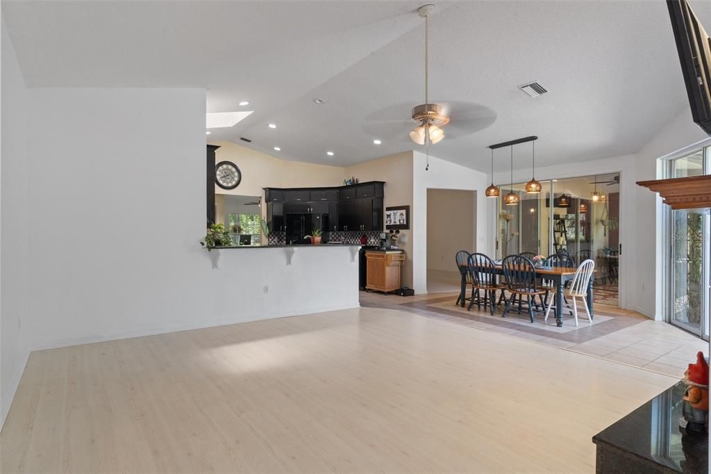 Dining room, Interior, Pendant Lights, Recessed Lighting, Wood Texture Flooring