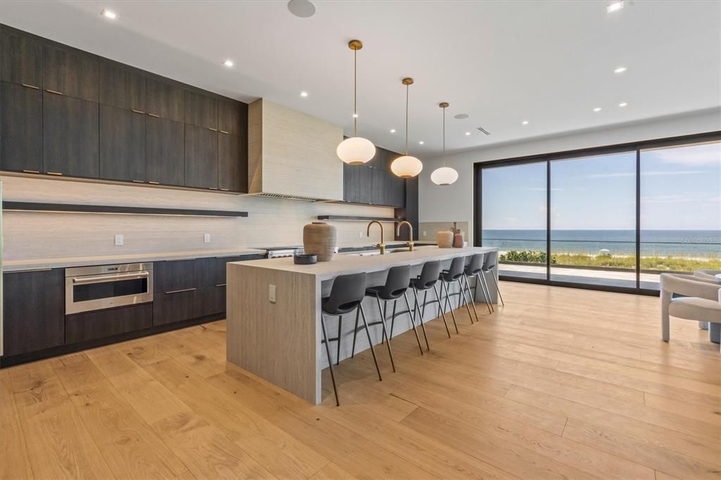 Interior, Kitchen, Pendant Lights, Recessed Lighting, Stainless Steel Appliances, Water, Wood Texture Flooring