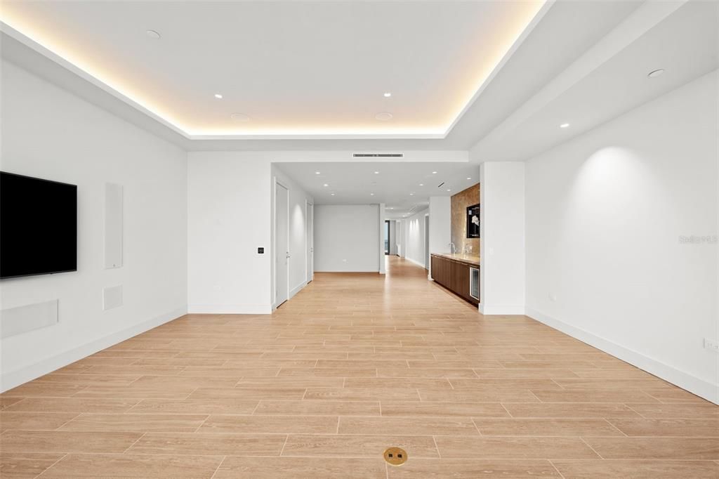Empty room, Interior, Recessed Lighting, Wood Texture Flooring