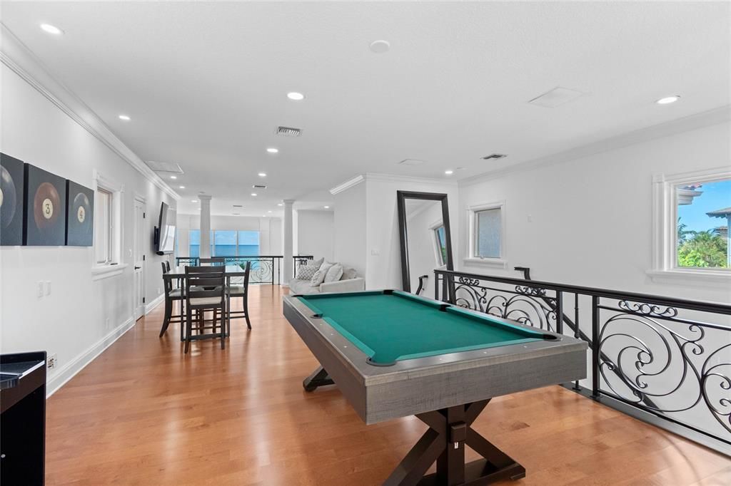 Billiard Table, Game Room, Interior, Recessed Lighting, Water, Wood Texture Flooring