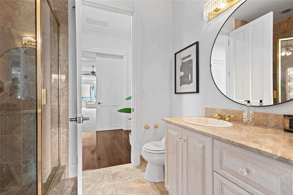 Bathroom, Glass Shower, Interior, Wood Texture Flooring