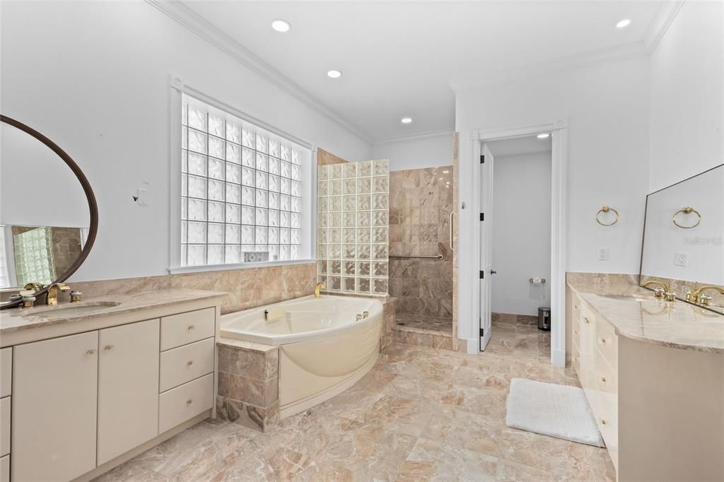 Bathroom, Dual Sink Vanities, Glass Shower, Interior, Recessed Lighting