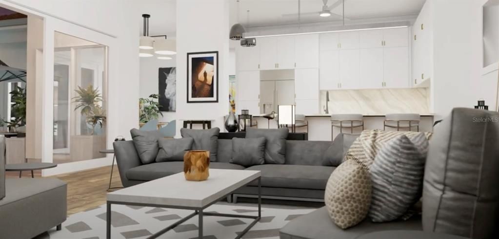 Interior, Kitchen, Living room, Pendant Lights, Wood Texture Flooring