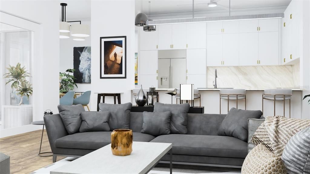 Interior, Kitchen, Living room, Pendant Lights, Wood Texture Flooring