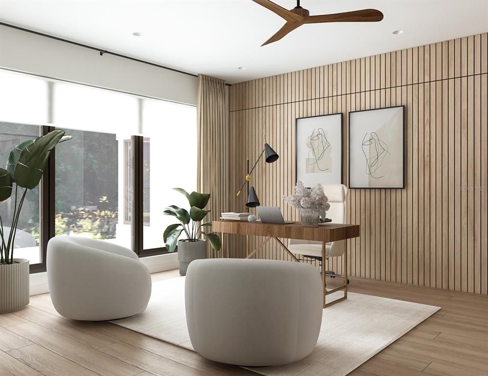 Home Office, Interior, Recessed Lighting, Wood Texture Flooring
