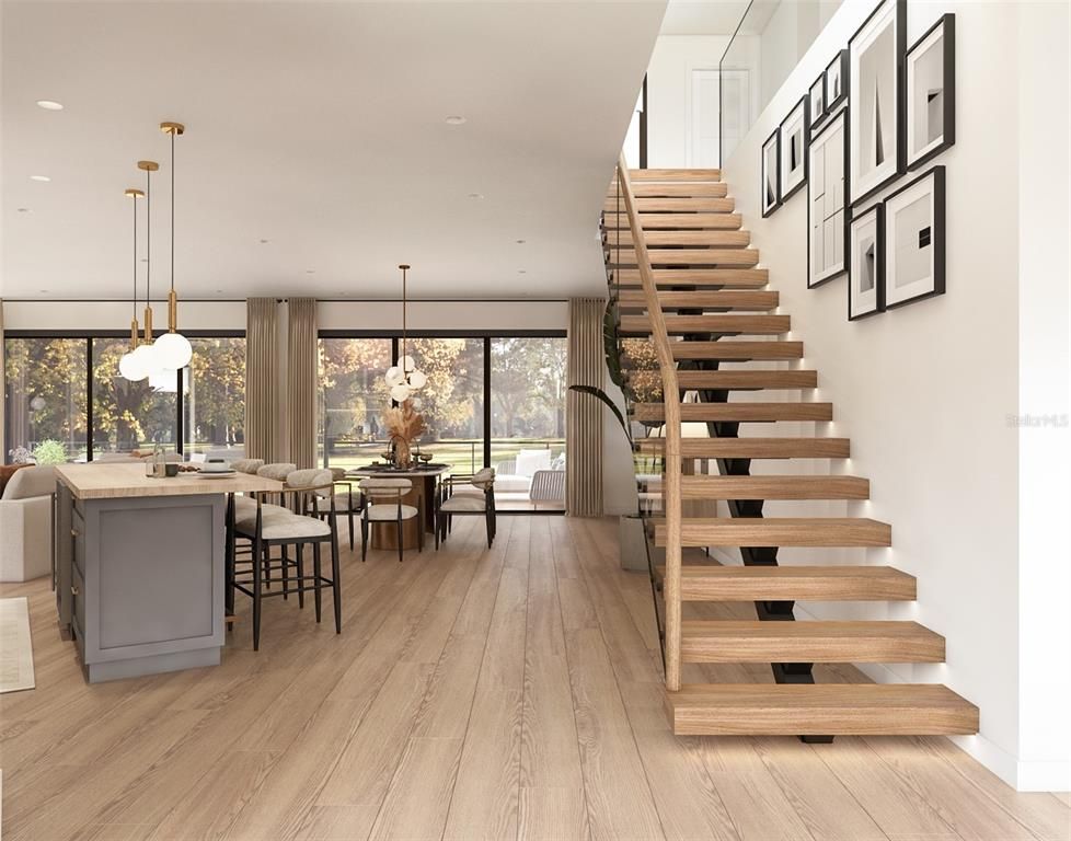 Dining room, Interior, Pendant Lights, Recessed Lighting, Wood Texture Flooring