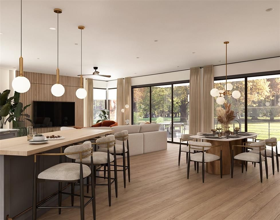 Dining room, Interior, Living room, Pendant Lights, Recessed Lighting, Wood Texture Flooring
