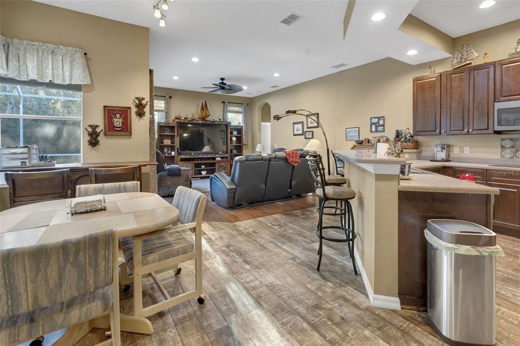 Dining room, Interior, Kitchen, Living room, Recessed Lighting, Wood Texture Flooring