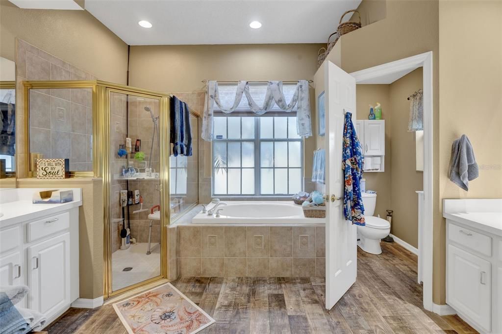 Bathroom, Glass Shower, Interior, Recessed Lighting, Wood Texture Flooring