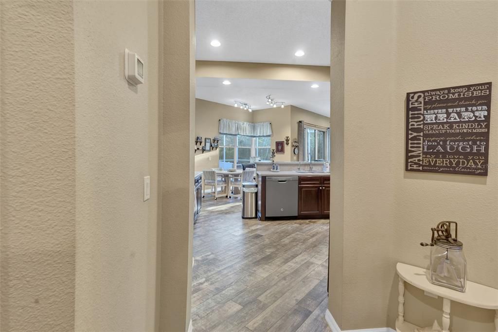 Dining room, Interior, Kitchen, Recessed Lighting, Wood Texture Flooring
