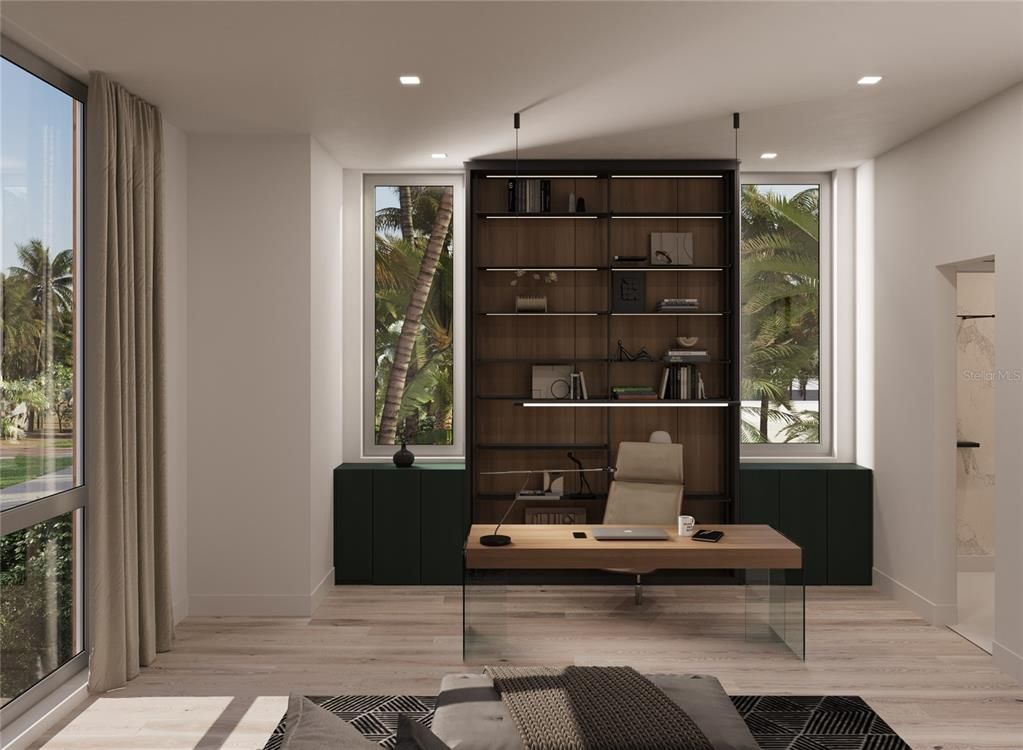 Home Office, Interior, Recessed Lighting, Wood Texture Flooring