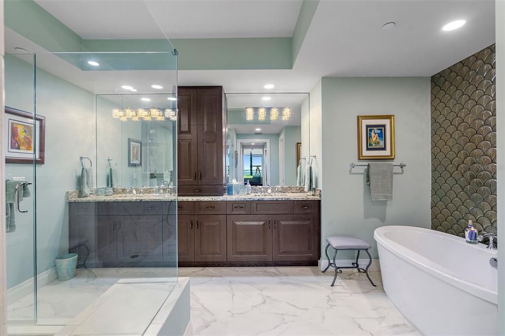 Bathroom, Dual Sink Vanities, Free Standing Baths, Glass Shower, Interior, Marble, Recessed Lighting