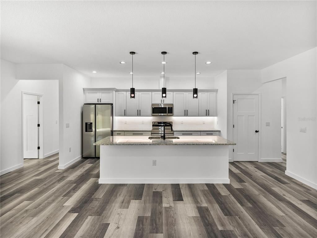 Interior, Kitchen, Pendant Lights, Recessed Lighting, Stainless Steel Appliances, Wood Texture Flooring