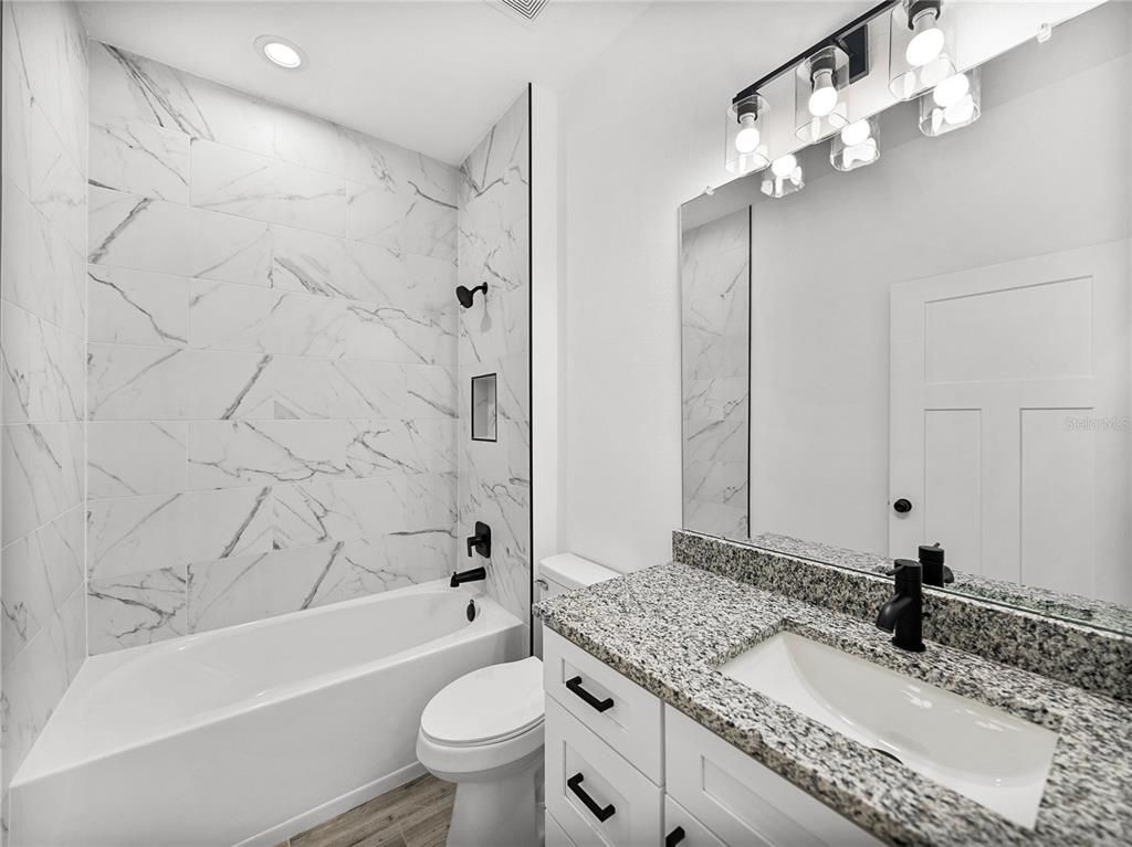 Bathroom, Interior, Marble Walls, Recessed Lighting, Wood Texture Flooring