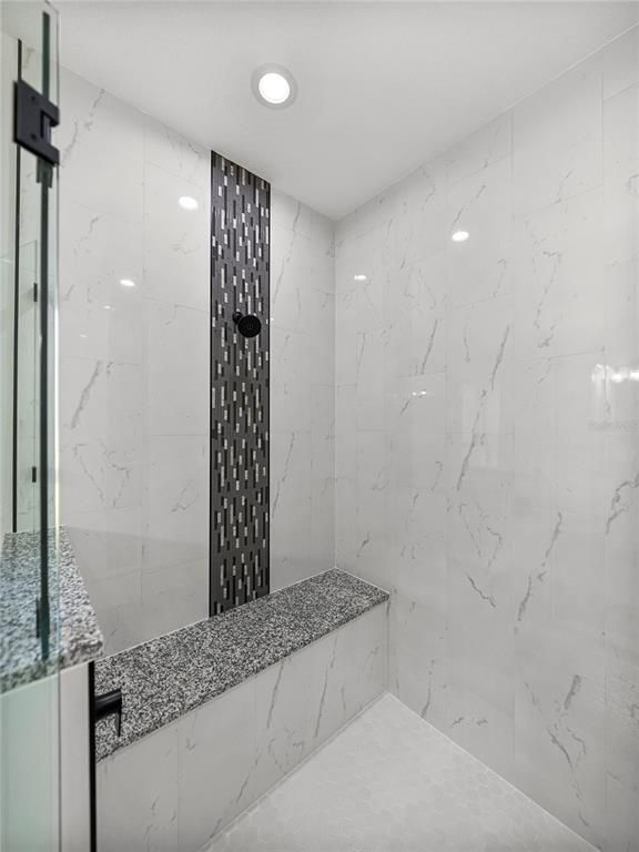 Bathroom, Glass Shower, Interior, Marble Walls, Recessed Lighting