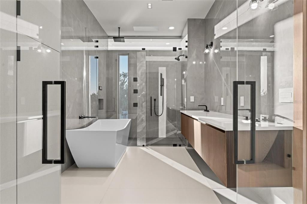 Bathroom, Dual Sink Vanities, Free Standing Baths, Glass Shower, Interior, Recessed Lighting
