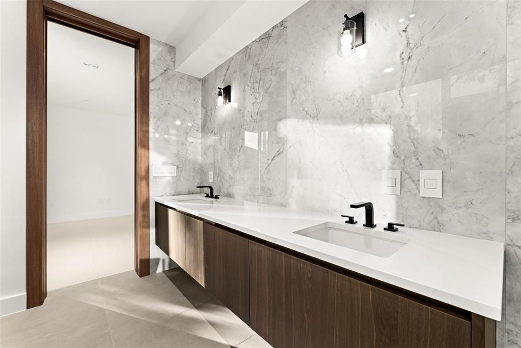 Bathroom, Dual Sink Vanities, Interior, Marble Walls