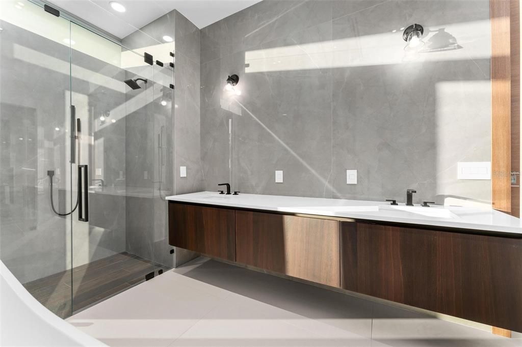 Bathroom, Dual Sink Vanities, Glass Shower, Interior, Recessed Lighting