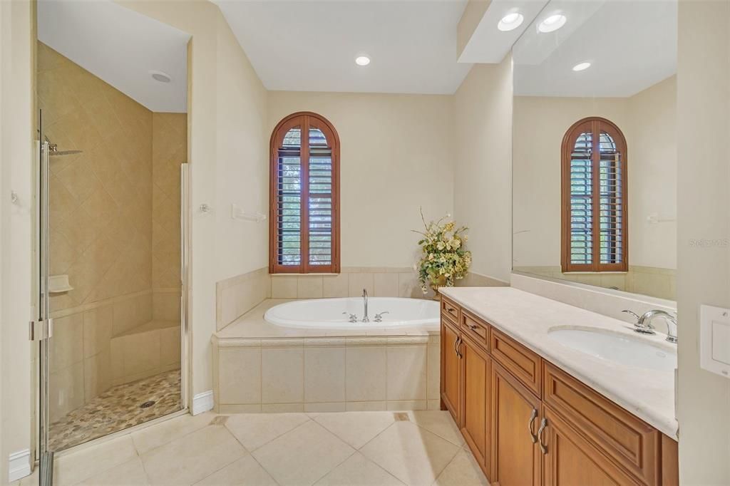 Bathroom, Dual Sink Vanities, Glass Shower, Interior, Recessed Lighting