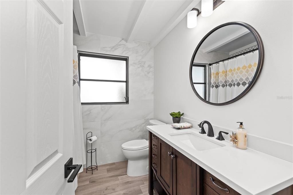 Bathroom, Interior, Marble Walls, Wood Texture Flooring