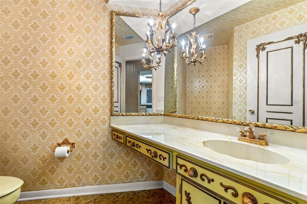 Bathroom, Chandelier, Dual Sink Vanities, Interior, Tile Countertops