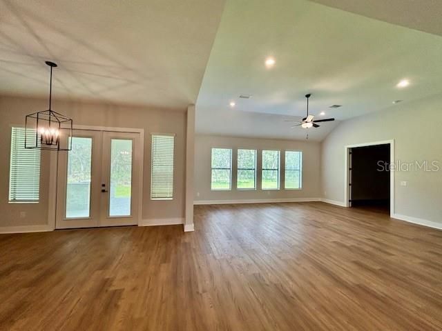 Empty room, Interior, Pendant Lights, Recessed Lighting, Wood Texture Flooring
