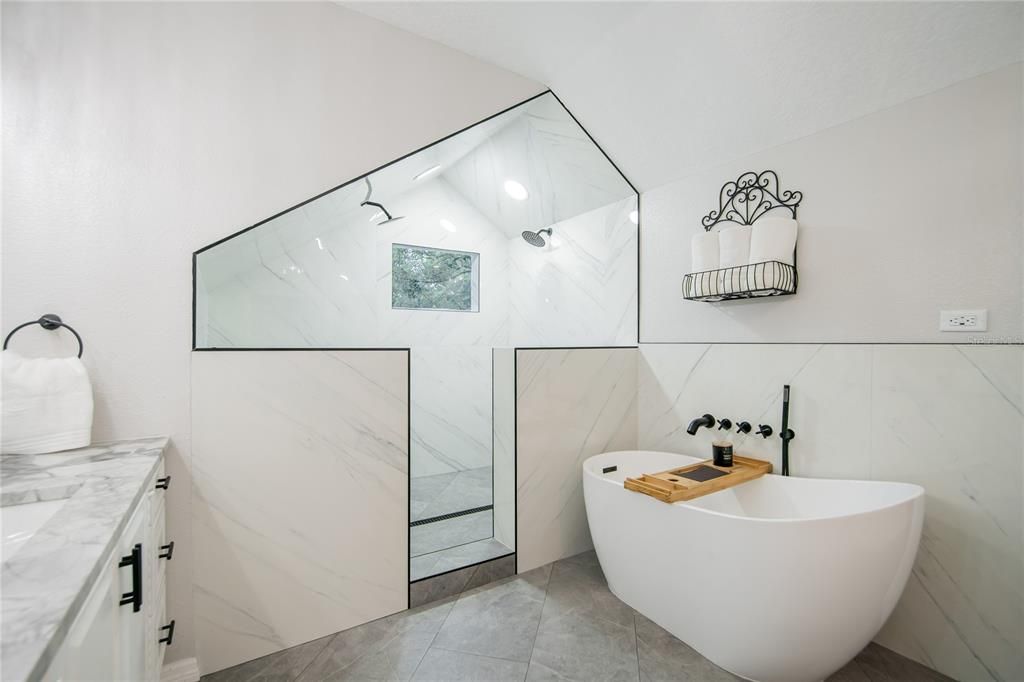 Bathroom, Free Standing Baths, Glass Shower, Interior, Marble Walls