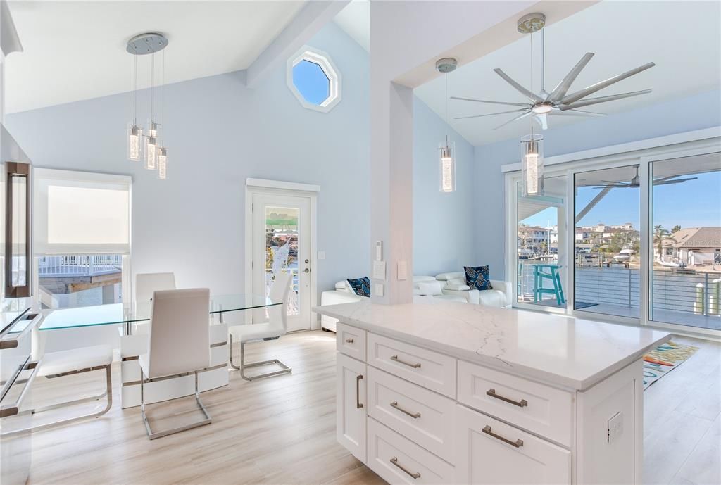 Dining room, Interior, Pendant Lights, Water, Wood Texture Flooring