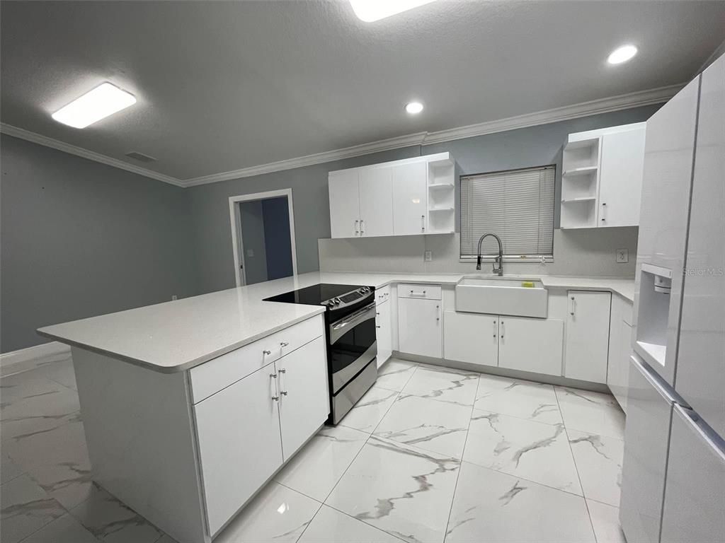 Interior, Kitchen, Marble, Recessed Lighting, Stainless Steel Appliances