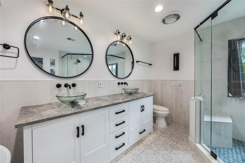 Bathroom, Dual Sink Vanities, Glass Shower, Interior, Recessed Lighting