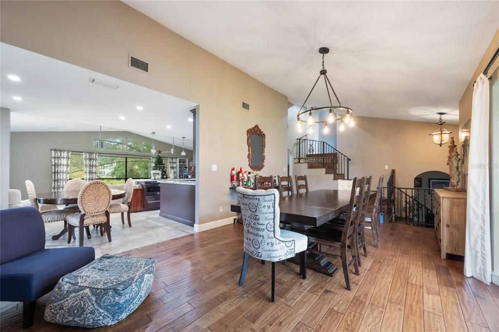 Dining room, Interior, Pendant Lights, Recessed Lighting, Wood Texture Flooring