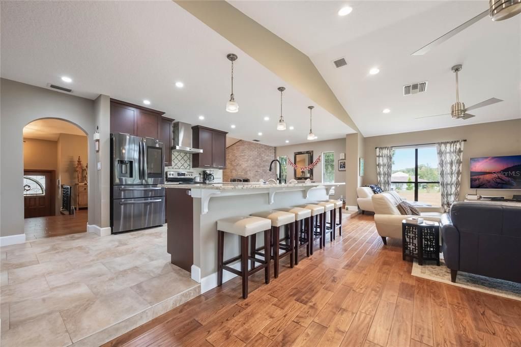 Interior, Kitchen, Living room, Pendant Lights, Recessed Lighting, Stainless Steel Appliances, Wood Texture Flooring