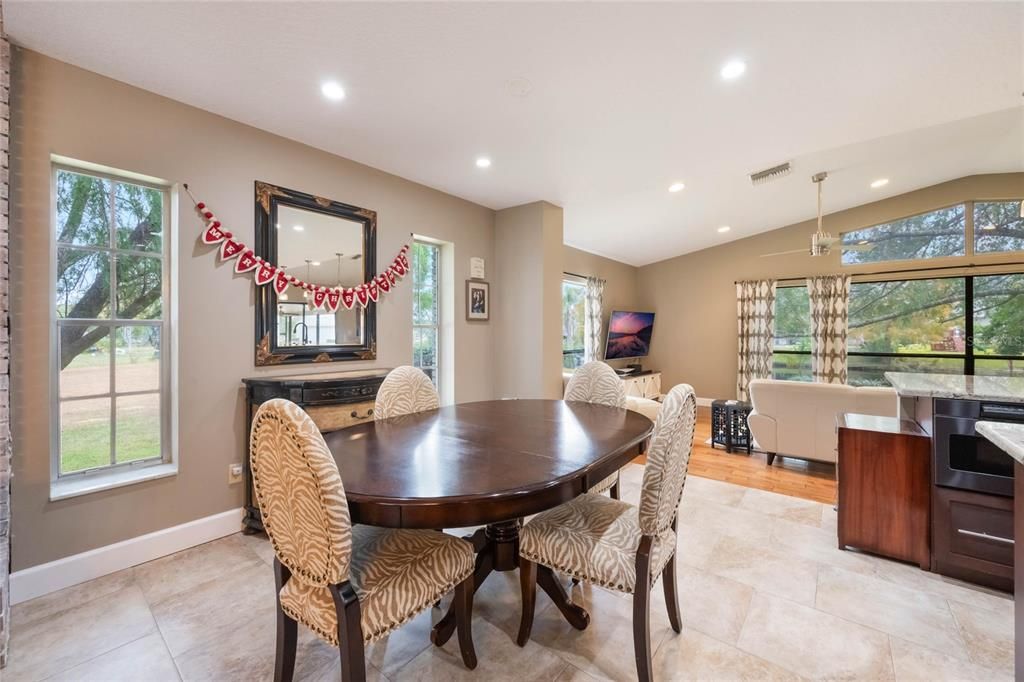 Dining room, Interior, Living room, Recessed Lighting, Wood Texture Flooring